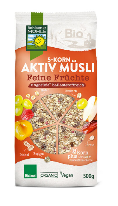 Bohlsener Mühle Bio 5-Korn Aktiv Müsli Feine Früchte 500g