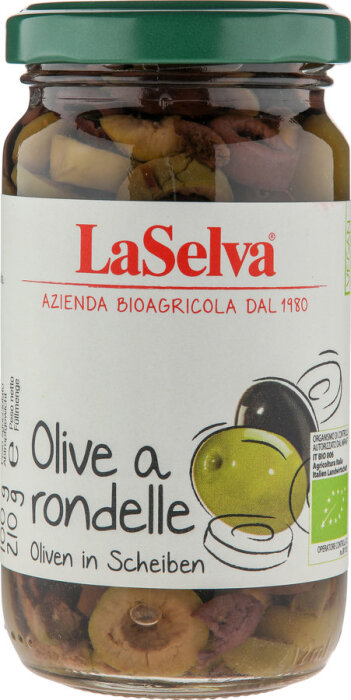 LaSelva Oliven a rondelle - grüne und dunkle Oliven in Scheiben 210g Bio