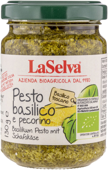 LaSelva Basilikum Pesto mit Schafskäse, 100% natives Olivenöl 130g Bio