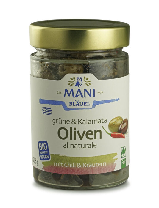 Mani Bläuel Grüne & Kalamata Oliven al Naturale Chili & Kräuter 205g