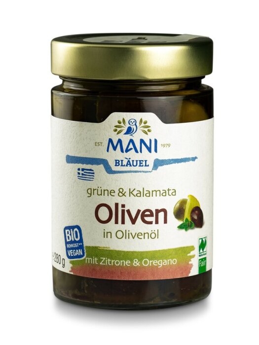 Mani Bläuel Grüne & Kalamata Oliven in Olivenöl, bio 280g