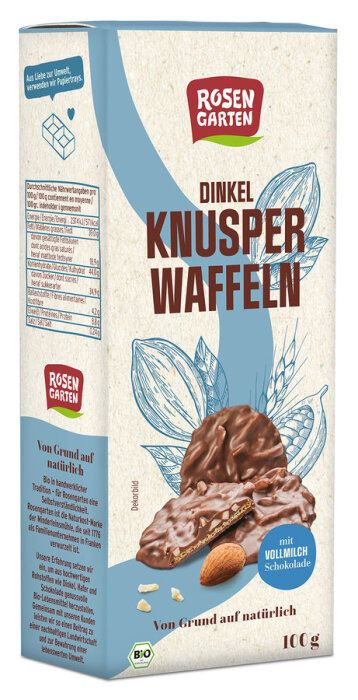 Rosengarten Dinkel-Knusperwaffeln mit Vollmilch-Schokolade 100g